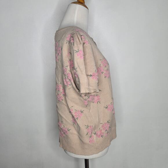 New Cottage Floral Cardigan Puff Sleeve Feminine Pink Pearl Button Women XL - Picture 2 of 12